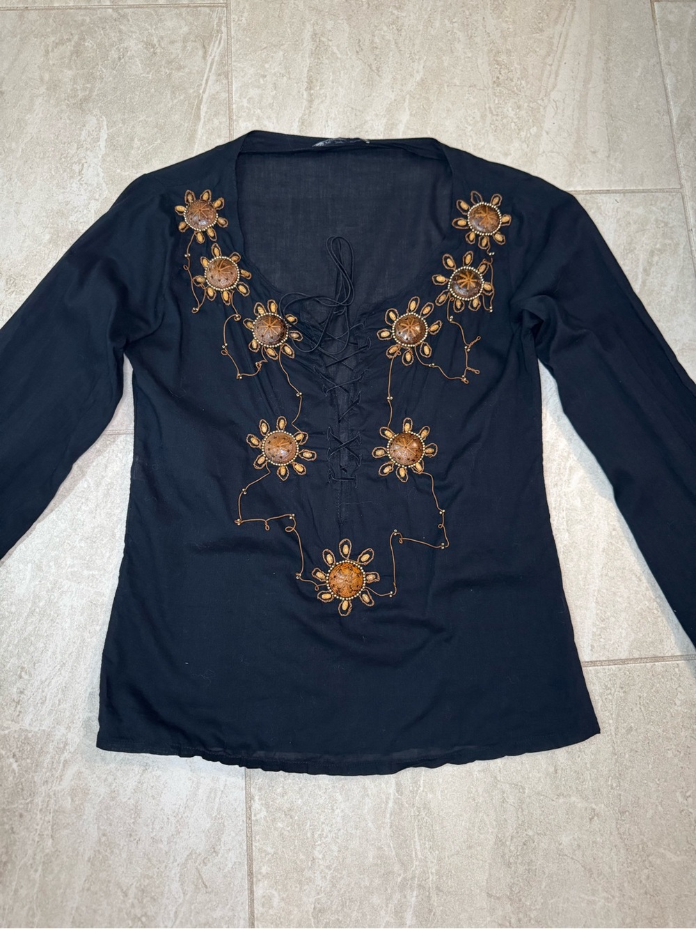 Black Long-Sleeve Lace-Up Top with Brown Floral Embellishments